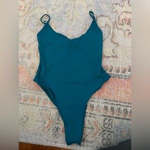 Toast Swim blue high cut one piece bathing suit, cheeky coverage, size medium
